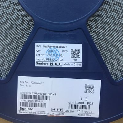 SWPA4018S680MT 68μH पावर इंडक्टर 20% सहिष्णुता के साथ, 4018 आकार, 1.24A संतृप्त धारा, 1.15A तापमान वृद्धि धारा, परिरक्षित निर्माण, -40°C से 125°C रेंज, RoHS अनुरूप टेप और रील पैकेजिंग