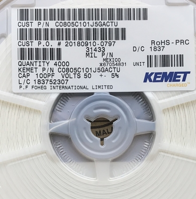C0805C101J5GACTU 100pF 50V C0G/NP0 0805 सिरेमिक कैपेसिटर ±5% सहिष्णुता उच्च आवृत्ति स्थिरता अल्ट्रा-लो ESR उच्च Q मूल्य और टेप और सटीक सर्किट के लिए रील पैकेजिंग