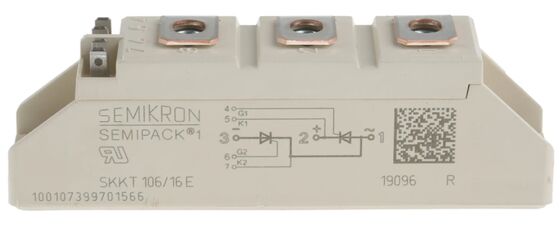 SKKT106/16E 1600V 106A डुअल थाइरिस्टोर मॉड्यूल कम VF 1.35V 2.4kA सर्ज AlN सिरेमिक बेस प्रेशर संपर्क SEMIPACK1 पृथक UL सॉफ्ट स्टार्टर और ड्राइव के लिए प्रमाणित