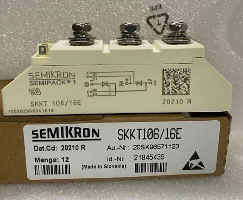 SKKT106/16E 1600V 106A डुअल थाइरिस्टोर मॉड्यूल कम VF 1.35V 2.4kA सर्ज AlN सिरेमिक बेस प्रेशर संपर्क SEMIPACK1 पृथक UL सॉफ्ट स्टार्टर और ड्राइव के लिए प्रमाणित
